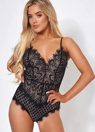 Красивый черный кружевной боди boohoo