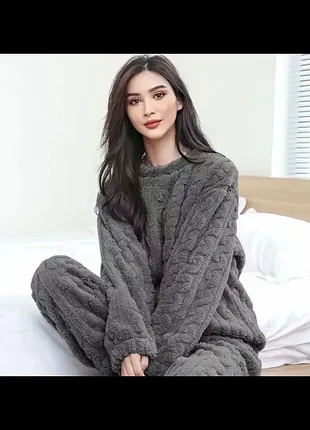 Комфортна тепла піжама з вишуканим візерунком косичка, домашній піжамний плюшевий комплект