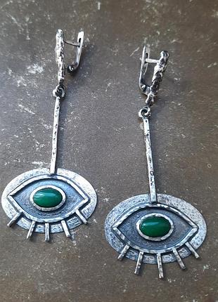 Дизайнерські срібні 925 сережки оберіг "всевидяче око"з натуральним хризопразом