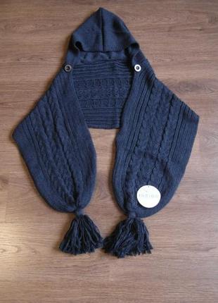 Теплий шарф з капюшоном indigo/ розмір 30 см х 155 див. + бубони.