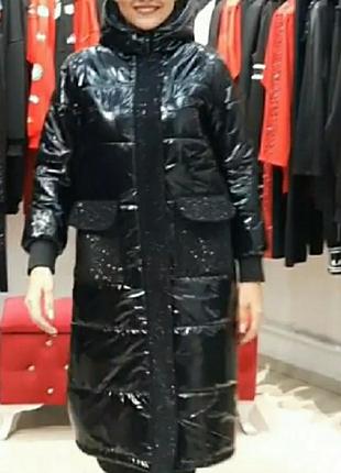 Шикарна зимова подовжена куртка,пальто в стразах, люкс якість, стамбул, розмір с.