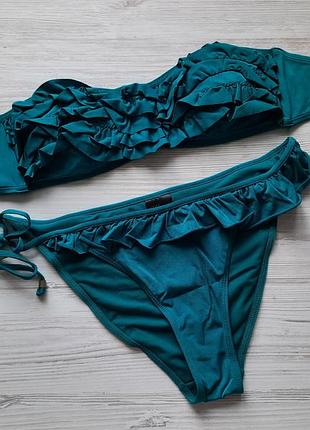 Изумрудный зеленый купальник бандо h&m на фигуру типа груша р.38-42 без пуш-апа с рюшами воланами