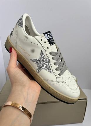 Кеди білі шкіра golden goose кросівки голден гус  кроссовки звезда  зірка гусь білі белые срібло