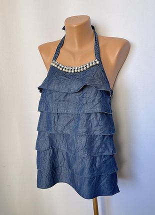 Liu jo топ блуза джинсовый синий с кристаллами и жемчугом слои