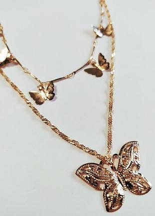Багатошарова ланцюжок з підвісками метелики, подвійне намисто, кольє, ланцюжок чокер
