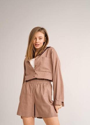 Жіночий костюм льняний шорти сорочка. женский костюм двойка 100% лён