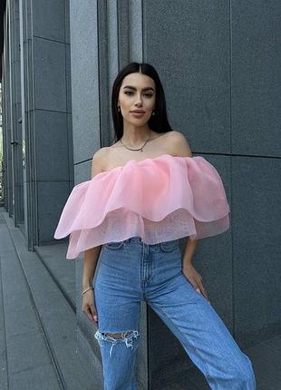 Легкий топ многослойный открытые плечи бандо праздничный органза на резинке