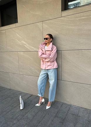 Куртка демісезонна весна осіннь еко шкіра м’яка оверсайз рожева без капюшону