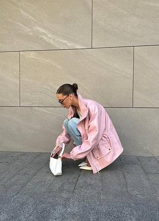 Куртка демісезонна весна осіннь еко шкіра м’яка оверсайз рожева без капюшону