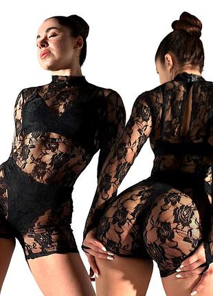 Комбінезон з гіпюру чорний з довгим рукавом, шортиками для танців, тверка, хілсу, екзоту