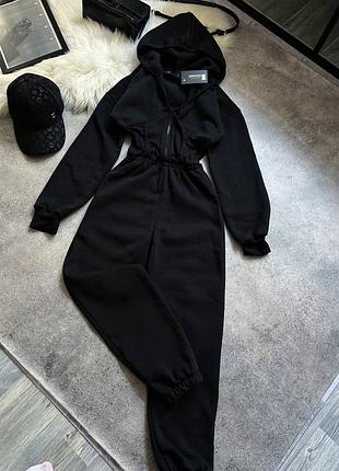 Женский комбинезон на флисе рубчик с имитацией корсета черный комбез теплый на молнии