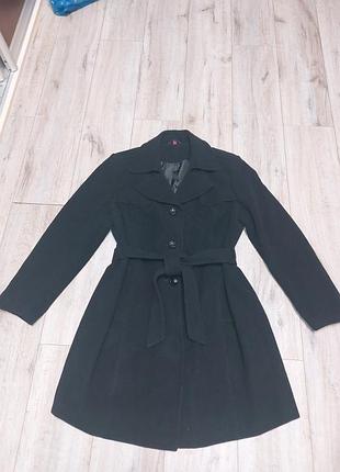 Пальто шерсть кашемир черное женское под поясок с карманами biaggini