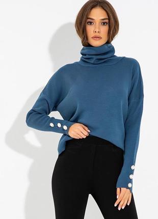 Шерстяной вязаный зимний свитер с большим горлом синий харьков
