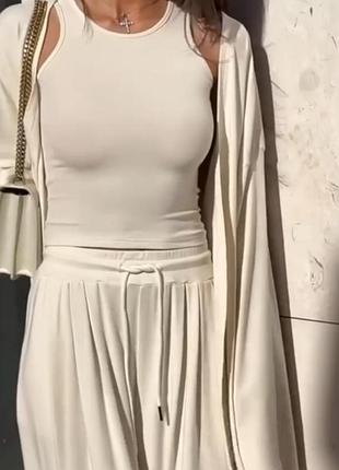 Костюм тройка топ палаццо и кардиган, брюки широкие майка накидка брючный