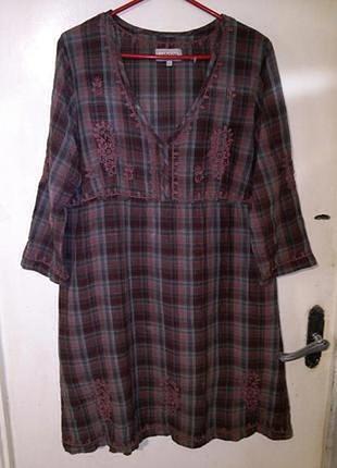 Натуральное-хлопок-лён платье-туника в клетку с вышивкой бохо батал швеция