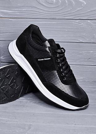 46-48рр!! шкіряні літні чоловічі чорні кросівки на білій підошві перфорація tm maus / максус! батали