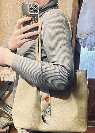 Сумка-шопер 👜для роботи 👜чи навчання! кольори: чорний, беж, хакі, капучино 🛍️хустка у подарунок🔺