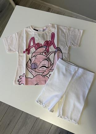 Футболка zara с принтом stich disney 2 года 18 24 мес 92 см шорты велосипедки белые летний комплект набор костюм