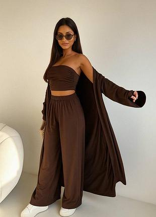 Жіночий шоколадний костюм трійка з кардиганом