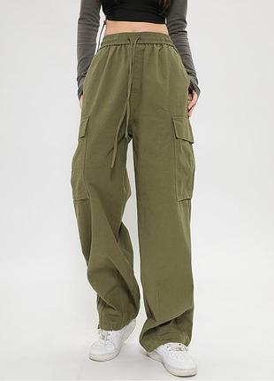 Карго кольору хакі 9138 широкі штани на резинці з кишенями вільного крою хіп-хоп