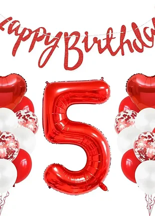 Воздушные шары в форме цифры 5, красные фольгированные шары в форме сердца и гирлянда с надписью «с