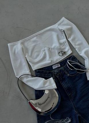 Топ (топік) з відкритими плечима в рубчик, з корсетним швом під грудьми