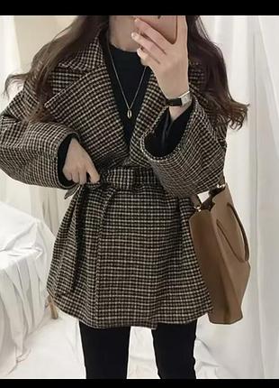 Жіноче пальто/жакет в гусячу лапку коричневе, розмір s/m