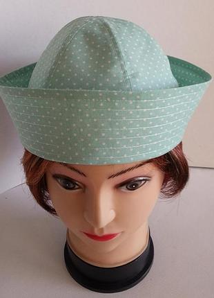 Жіночий берет, капелюх, папайка, sailor hat. батист. білий горох на м'ятному.