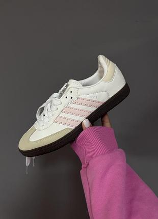 Кроссовки женские adidas samba white light pink кожаные кеды адедас самба белые с розовым