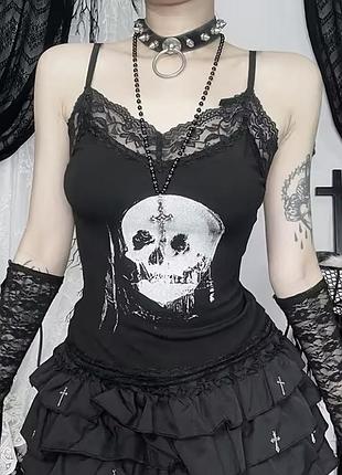 Топ майка з мереживом принт череп goth гранж косплей