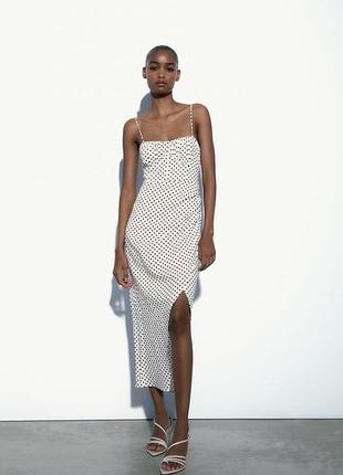 Міді сукня zara в горох горошок на бретелях плаття сарафан з розрізом льон