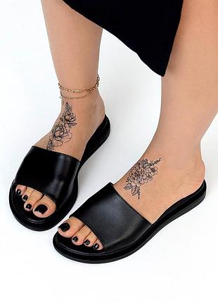 Классические женские шлепанцы кожаные цвет черный, простые шлепанцы на каждый день, топ качества, ра