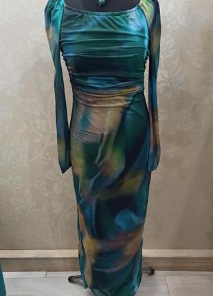 Сукня силуетна міді-максі, по фігурі, колір бірюзовий, з довгим рукавом, верх сіточка, shein