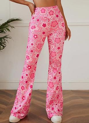 Жіночі брюки-розкльошені штани з високою талією з квітковим принтом