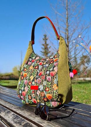 Оливковая сумка с гобеленом "цветы украины" (19043)