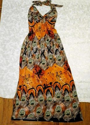Сарафан 10 с оранжевый трикотаж гладкий, павлиньи перья принт, в пол