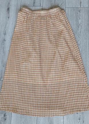 Котоновая бежевая юбка миди на резинке в клетку primark (размер 36 - 38)