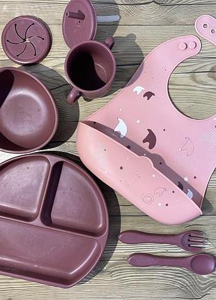 Набір силіконового дитячого посуду + нагрудник
