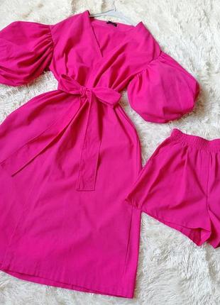 Літній костюм комбінезон натуральний льон накидка з пишними об'ємними рукавами та шорти висока посад