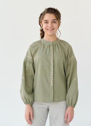 Вишиванка для дівчинки олива на ґудзиках