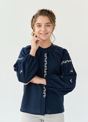 Вишиванка синя на ґудзиках для дівчинки