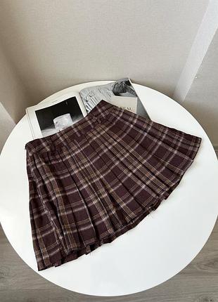 Коричнева тенісна спідниця в клітинку коротка юбка плісе