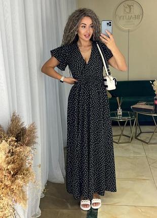 Красивое длинное платье макси черная в горошек на резиночке