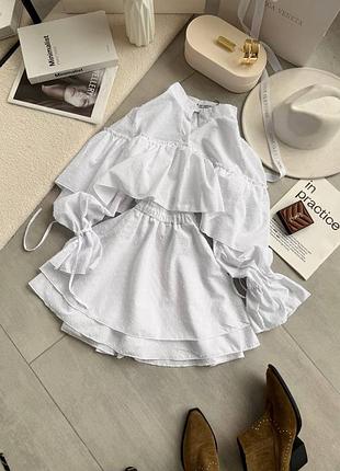 Літній костюм блуза з рюшками укорочена спідниця кльош комплект білий прошва блузка юбка