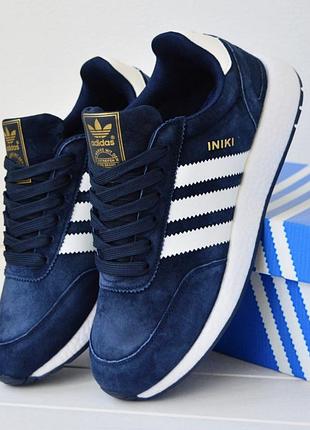 Чоловічі кросівки adidas iniki blue сині з білими смугами адідаси, натуральна замша, ліцензія, адіда