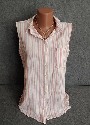 Удлиненная блуза рубашка из смесового льна (лен вискоза) белого цвета с вертикальную розовую полоску