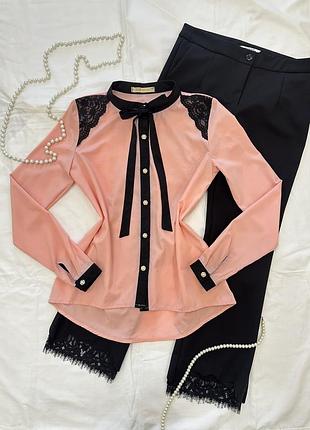 Женская романтичная розовая блуза с кружевом, нарядная рубашка на пуговицах с длинным рукавом, классическая деловая блуза, размер xs/s