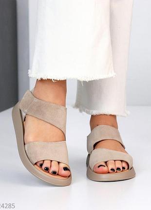 Светлые бежевые босоножки низкие натуральная замша, замшевые босоножки для девушек, женщин для прогу