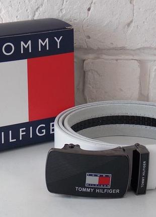 Кожаный мужской белый ремень автомат tommy hilfiger