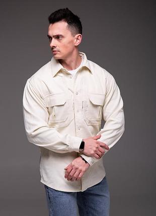 Мужская вельветовая рубашка на липучке молочная